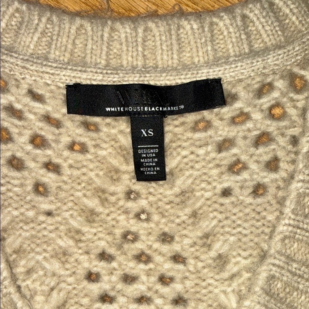 White House Black Market Beige Sweater Sequin Accents Chunky Open Knit Size XS - Picture 2 of 6
